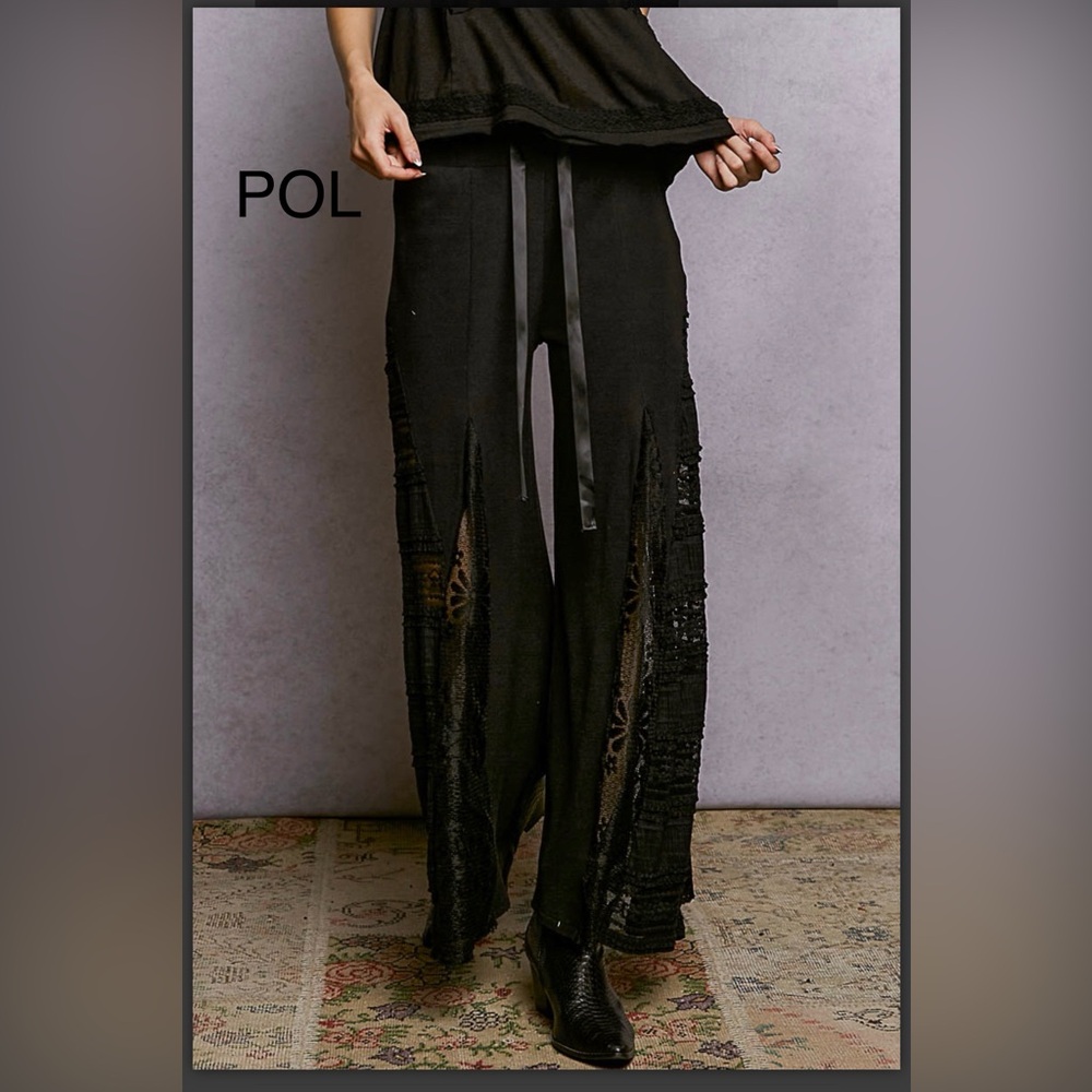 BPB217-9🖤NEW! POL spectacular black tie waist pants w/lace inset bottoms! wow! - Picture 4 of 7